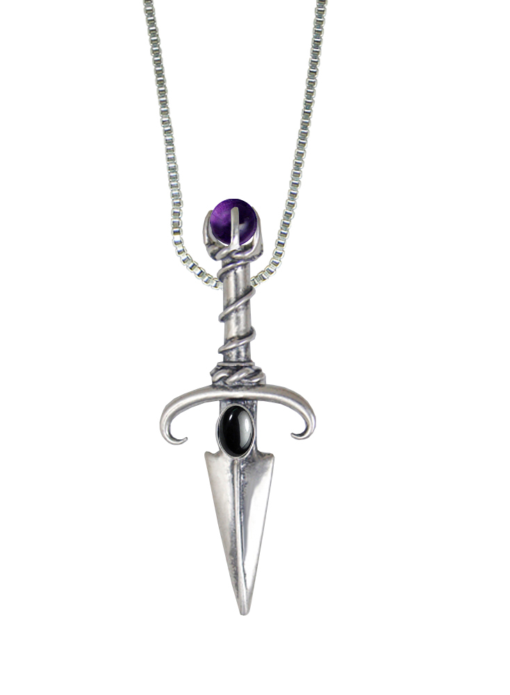 Sterling Silver Black Prince's Knife Dagger Pendant With Hematite And Amethyst